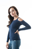 Plain Long Sleeve Round Neck Cold Shoulder Top