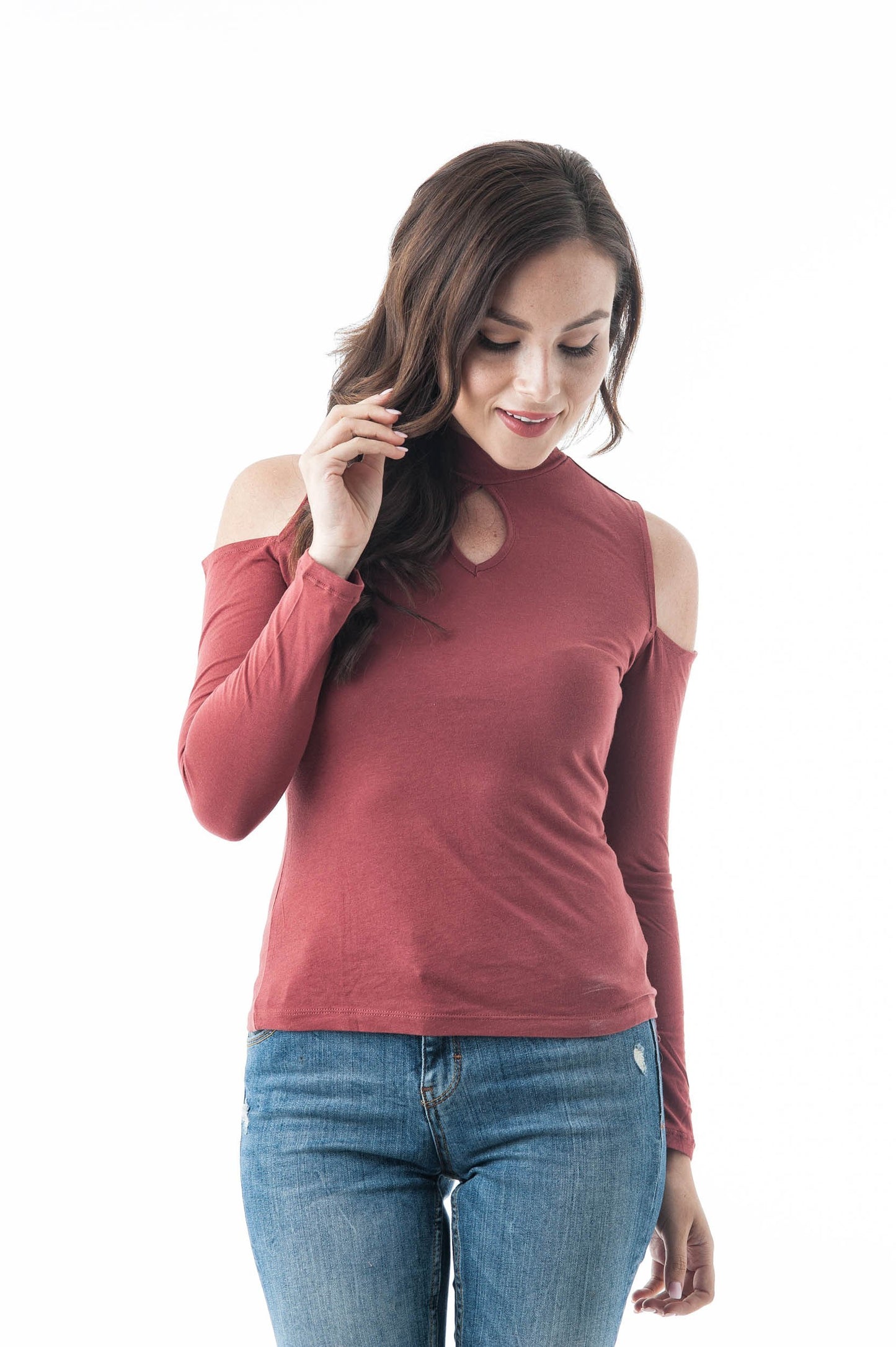 Plain Long Sleeve Open Cold Shoulder Key Hole Mock Neck Top