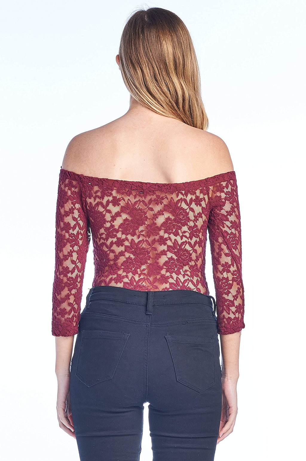 Women's 3/4 Sleeve Off Shoulder Unlined Sheer Allover Lace Bodysuit