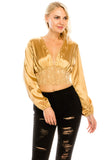 Women's Long Sleeves Satin Lace Design Button Up Crop Top Blouse