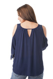 Gauze Cold Shoulder Crochet Trim Top