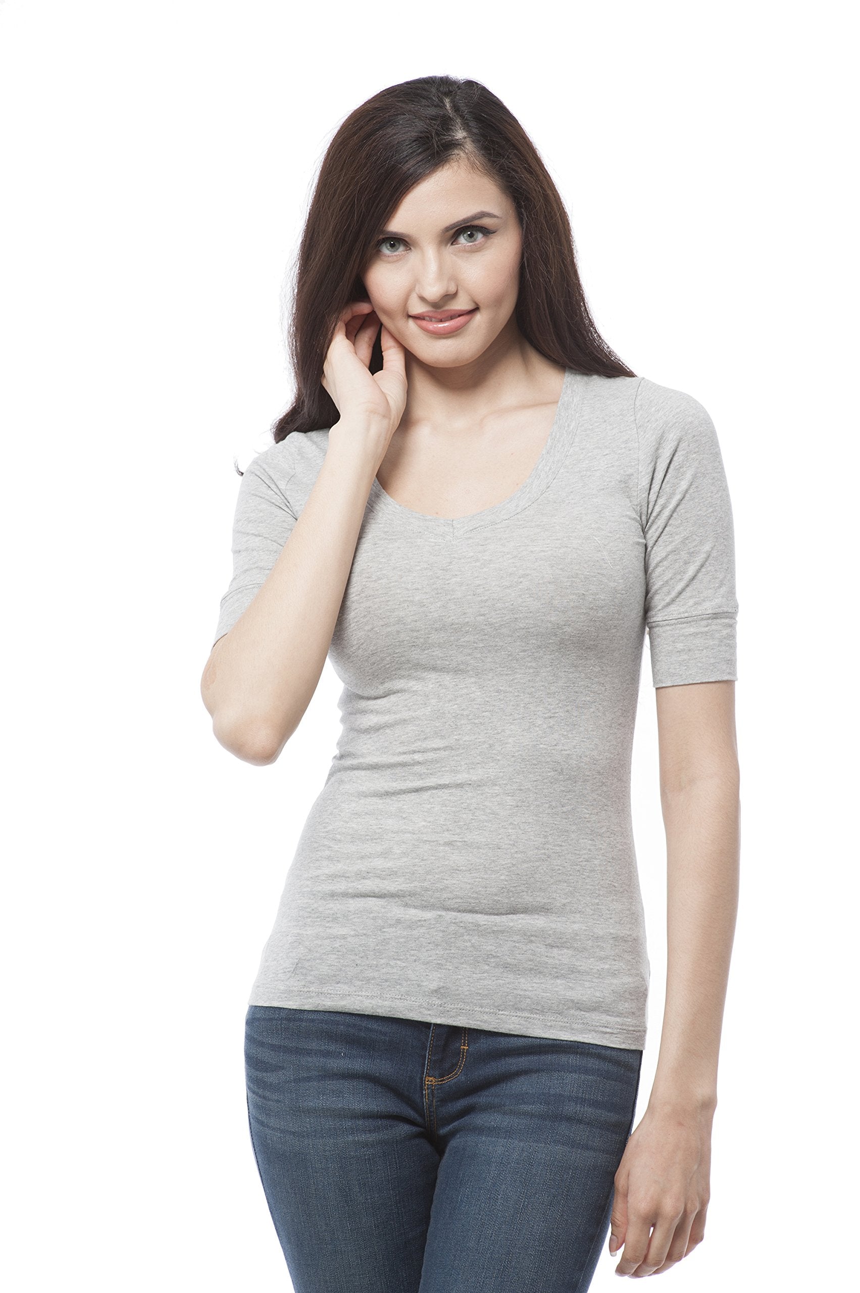Hollywood Star Fashion Women's Plain Basic Elbow Length Sleeves V Neck Top Fitted Shirt