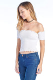 Women's Short Sleeve Off Shoulder Smoked Stretch Bandeau Tube Crop Top