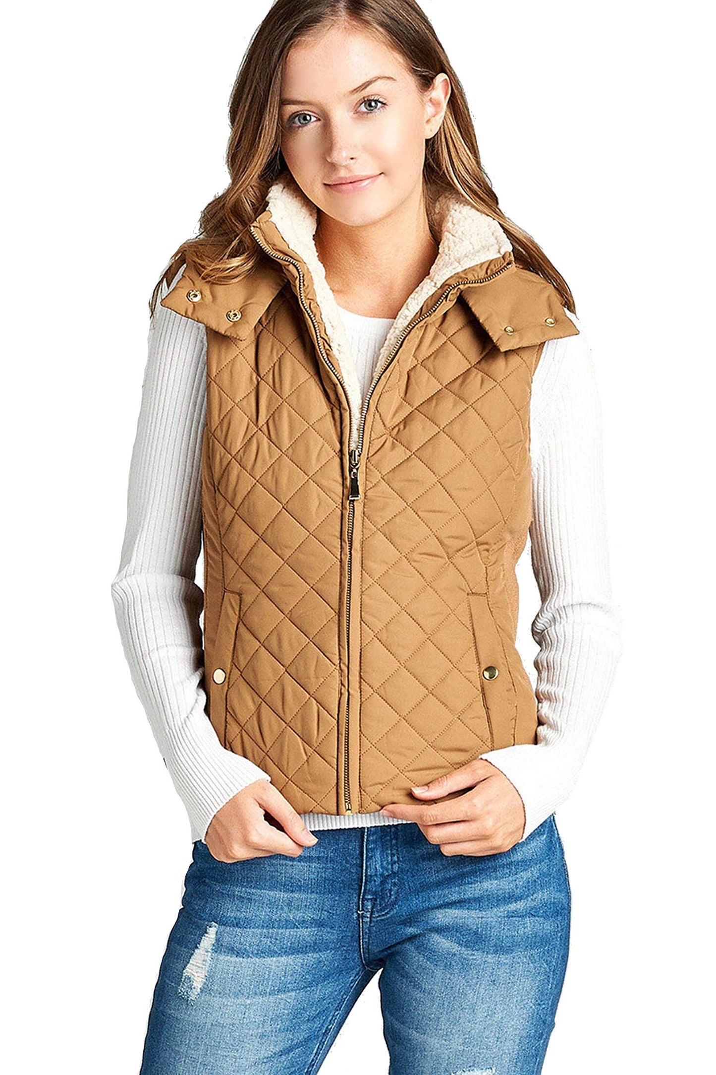 Khanomak Women's Shearling Lined Quilted Padding Hoodie Vest