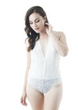 Sleeveless Halter V Neckline Sheer Back Lace Bodysuit