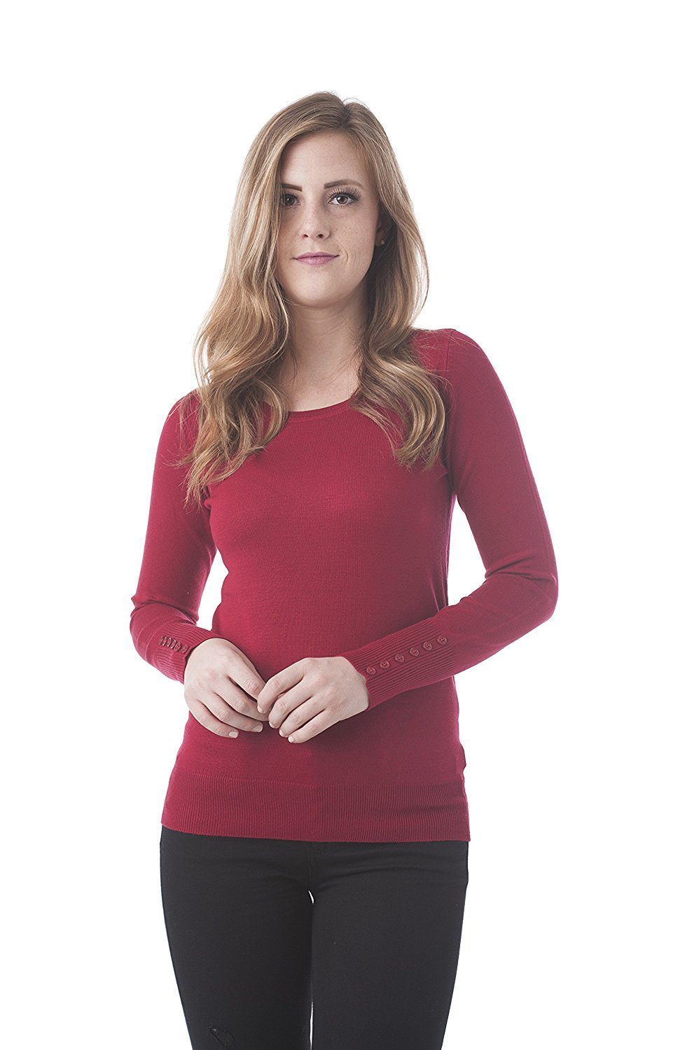 Khanomak Long Sleeve Crewneck Knit Sweater Top With Button On The Sleeves