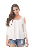 Gauze Cold Shoulder Crochet Trim Top