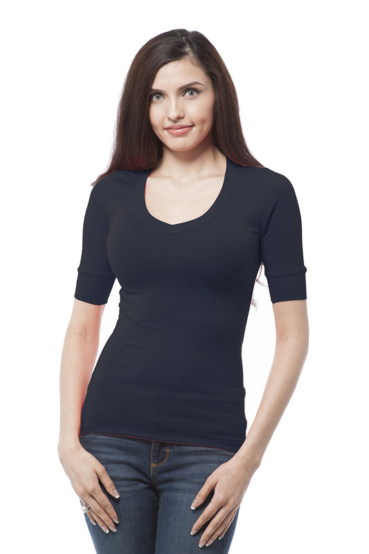 Hollywood Star Fashion Women's Plain Basic Elbow Length Sleeves V Neck Top Fitted Shirt1