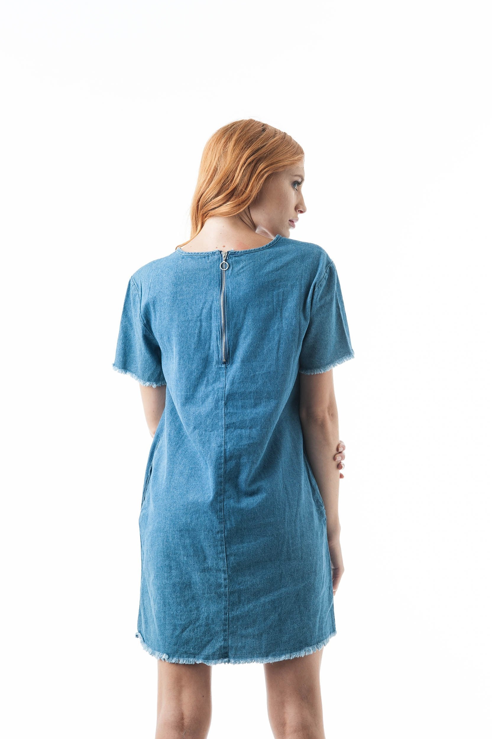 Short Sleeve Denim Frayed Cotton Scoop Neck Side Pockets Bodycon Dress