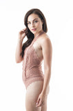 Sleeveless Halter V Neckline Sheer Back Lace Bodysuit