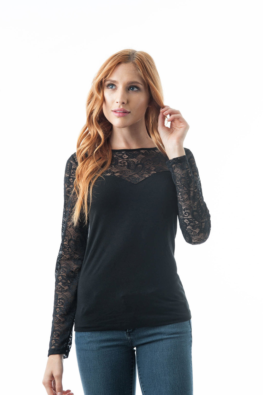 Long Sleeve Sweetheart Neckline Lace Trim Cross Over Back Top
