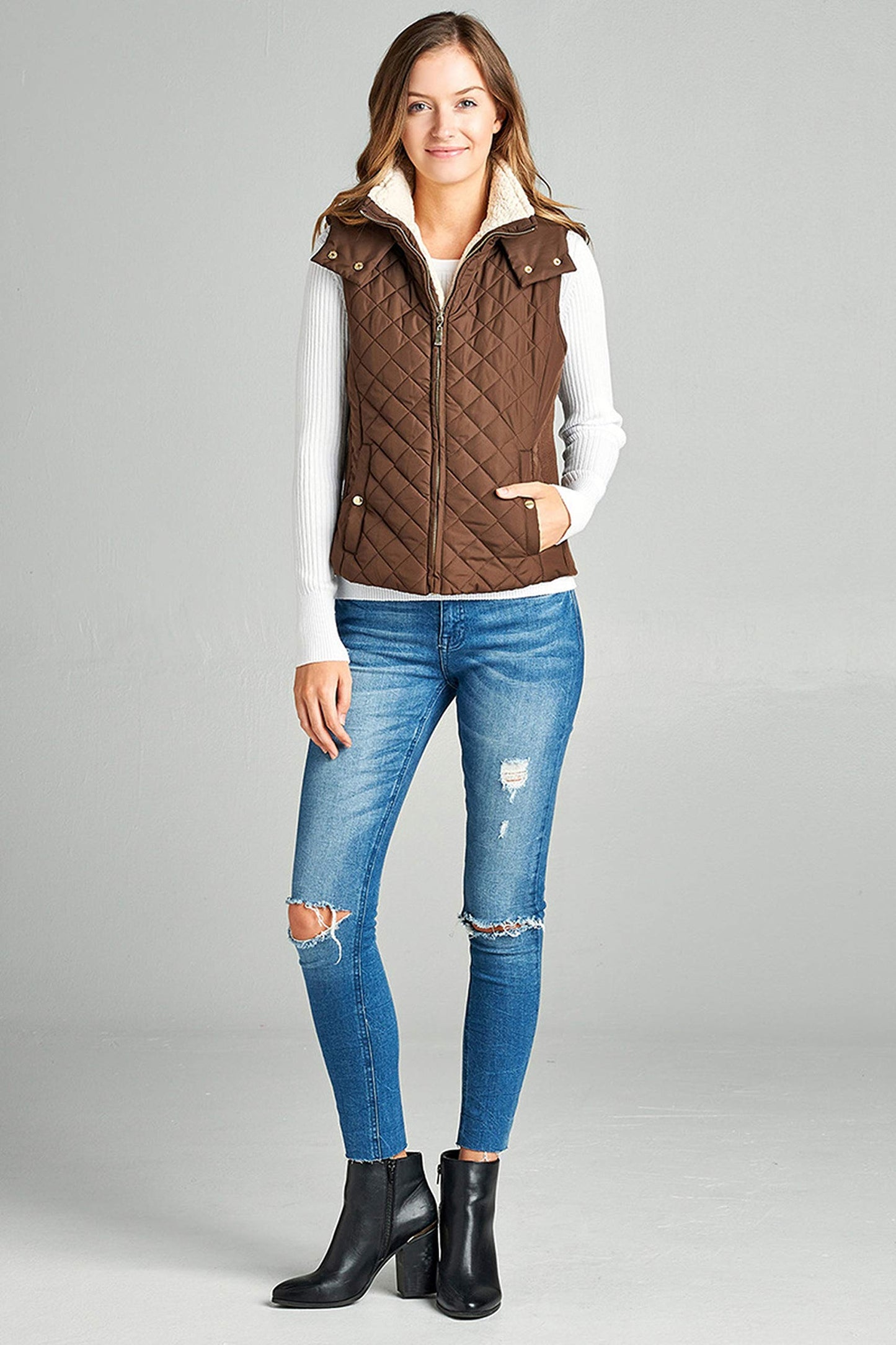 Khanomak Women's Shearling Lined Quilted Padding Hoodie Vest