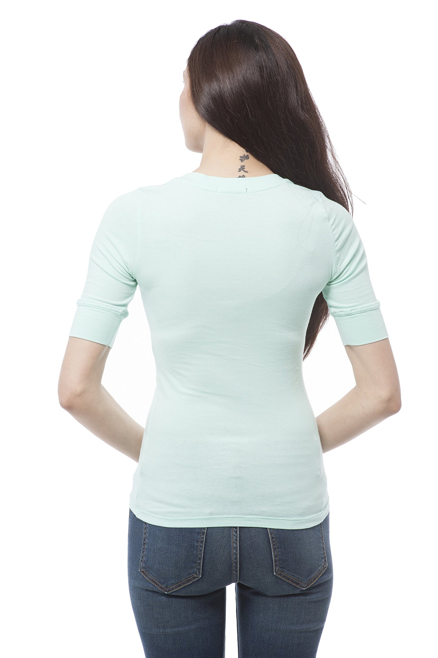 Hollywood Star Fashion Women's Plain Basic Elbow Length Sleeves V Neck Top Fitted Shirt1