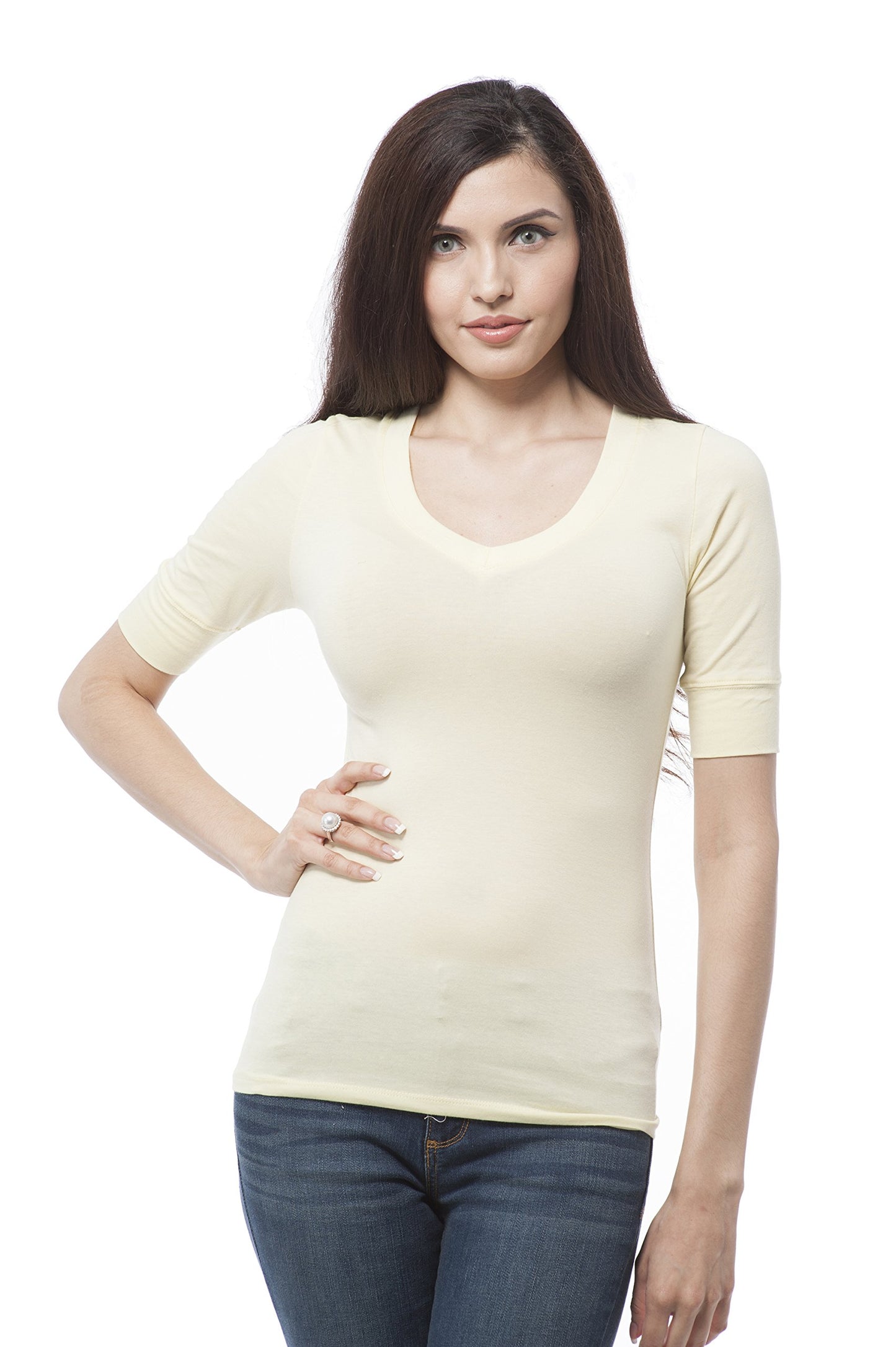 Hollywood Star Fashion Women's Plain Basic Elbow Length Sleeves V Neck Top Fitted Shirt