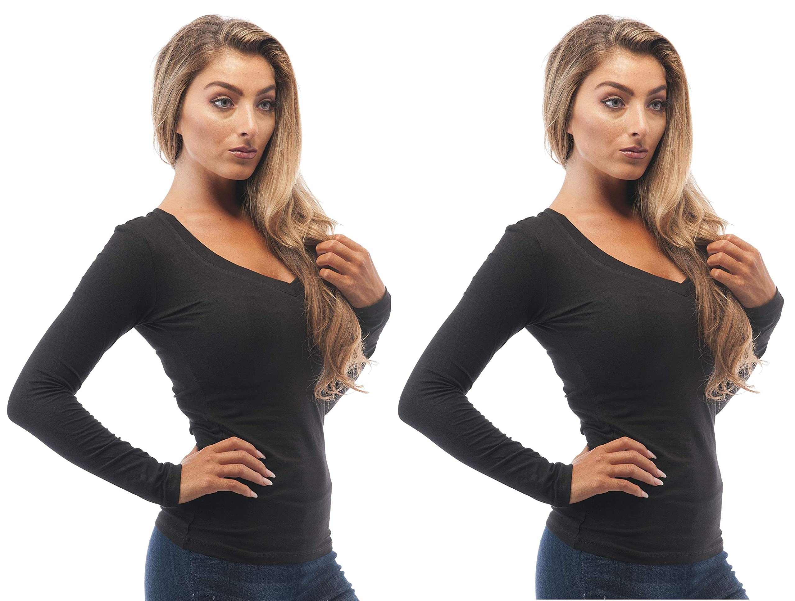 Women's Basic Long Sleeve V Neck T-Shirt Cotton Tee Top