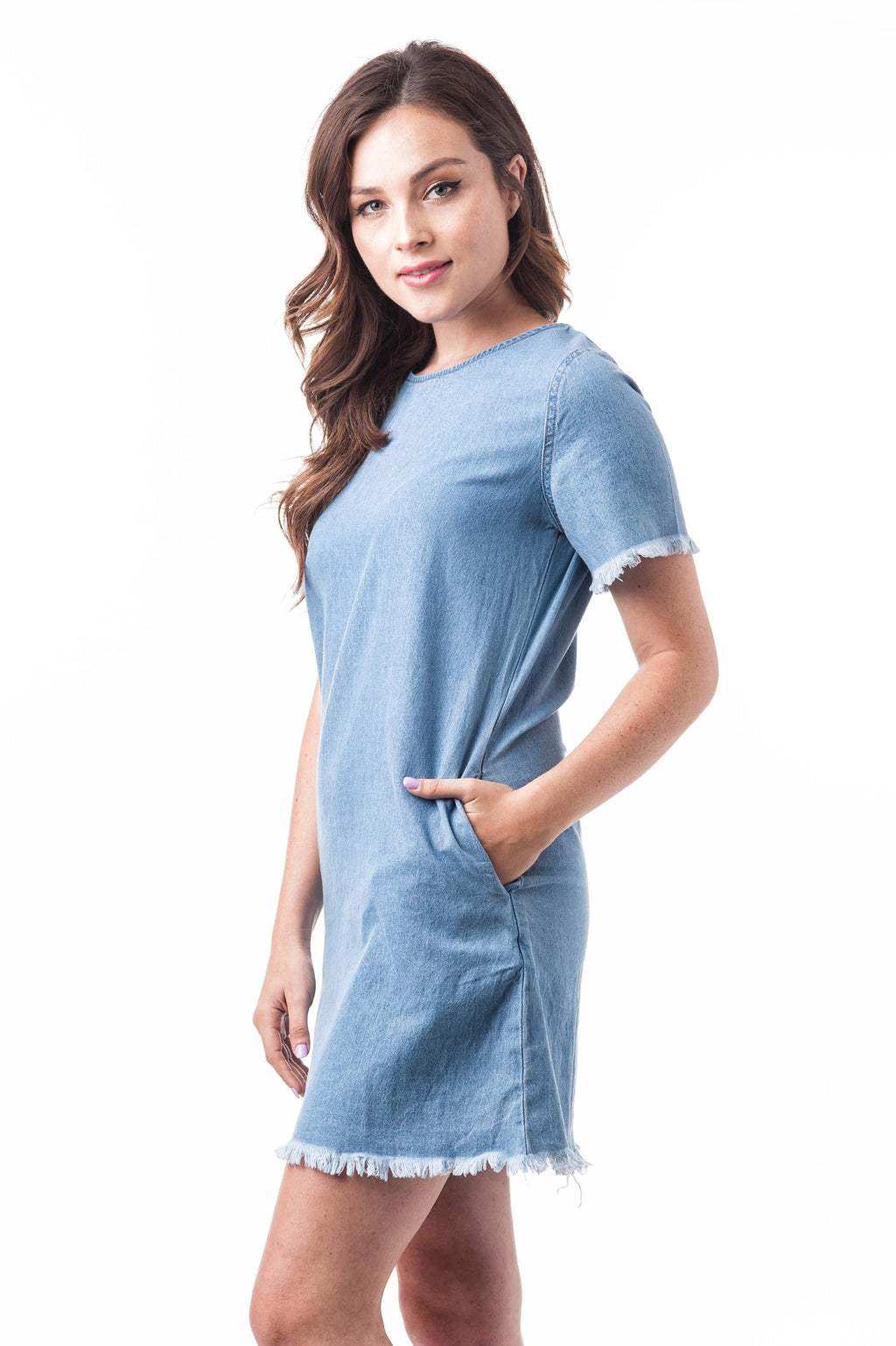 Short Sleeve Denim Frayed Cotton Scoop Neck Side Pockets Bodycon Dress