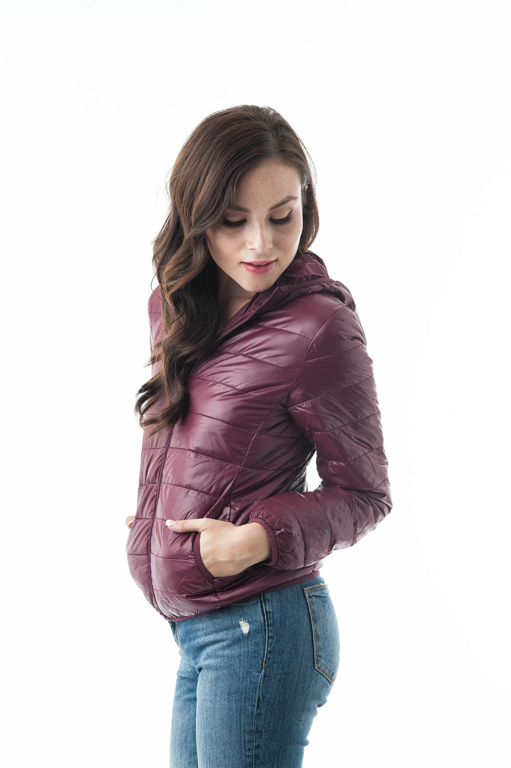 Khanomak Long Sleeve Light Weight Hooded Packable Down Jacket With Carry Bag