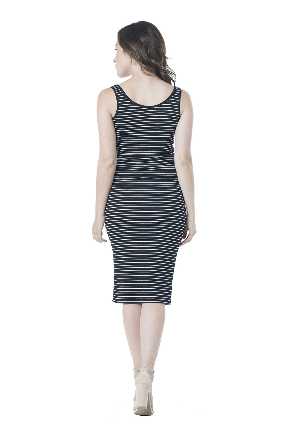 Khanomak Sleeveless Scoop Neck Stripe Midi Bodycon Dress