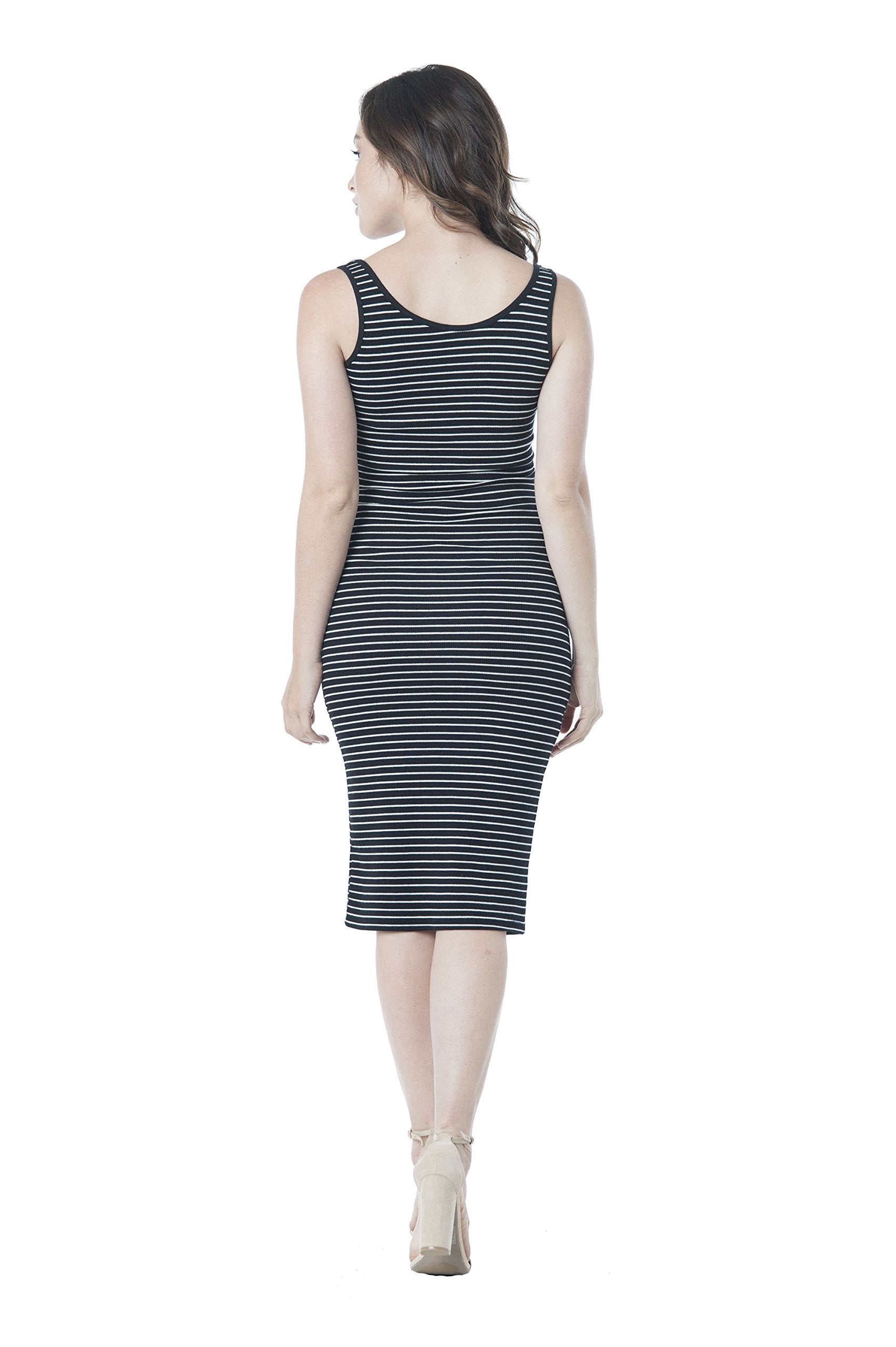 Khanomak Sleeveless Scoop Neck Stripe Midi Bodycon Dress