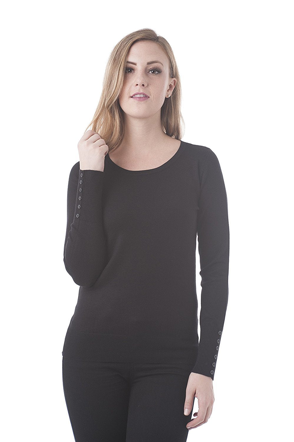 Khanomak Long Sleeve Crewneck Knit Sweater Top With Button On The Sleeves