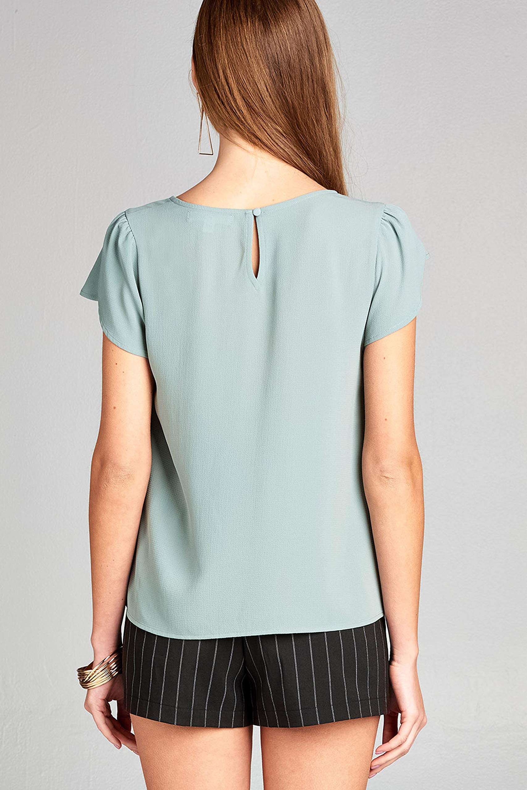 Women's Tulip Sleeve Round Neck Back Button Crepe Top