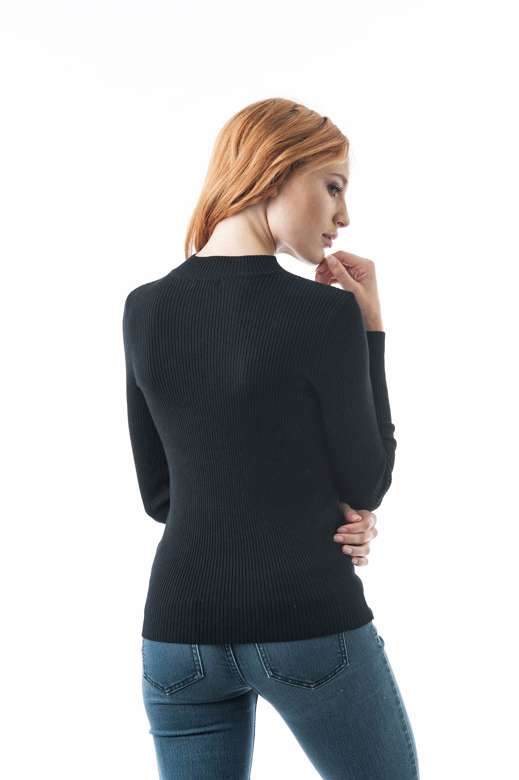 Knit Ribbed Long Sleeve Choker Cutout Mock Neckline Sweater Top
