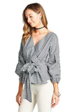 Gingham Puff Ruched Sleeve V Neck Surplice Waist Wrap Tie Woven Top