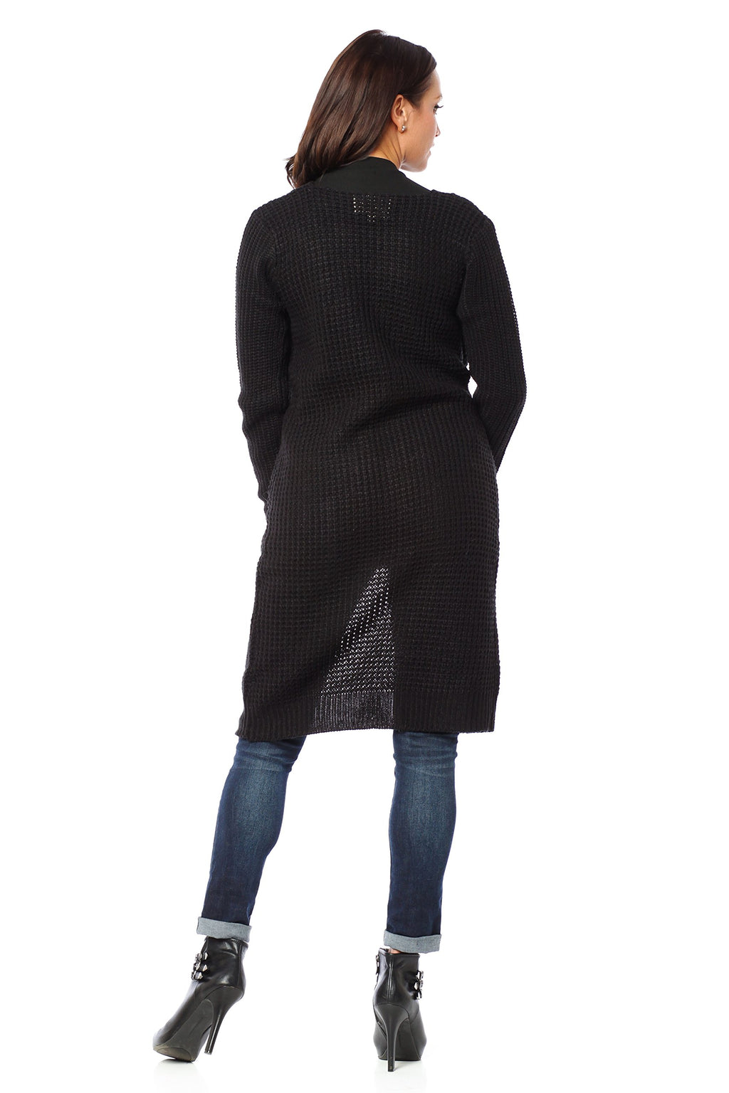 Waffle Knit Long Cardigan Sweater With Pockets