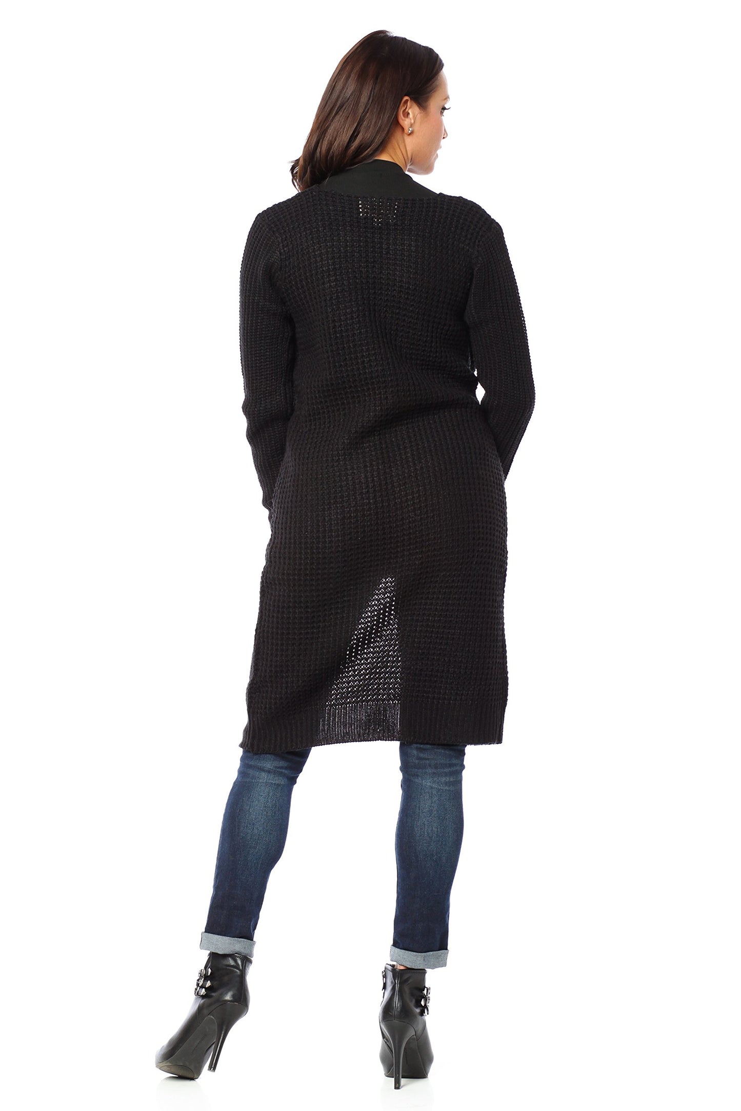 Waffle Knit Long Cardigan Sweater With Pockets
