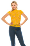 Women's Cap Sleeve Mock Neck Lace Elegant Floral Mustard Top Blouse - Small