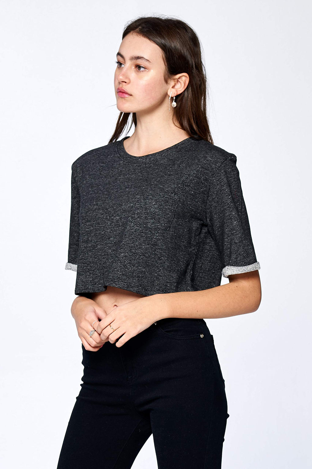 Khanomak Women's Short Sleeve Crewneck Front Pocket Sweater Top