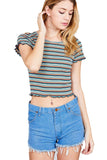 Short Sleeve Round Neck Lettuce Hem Multi Stripe Crop Top