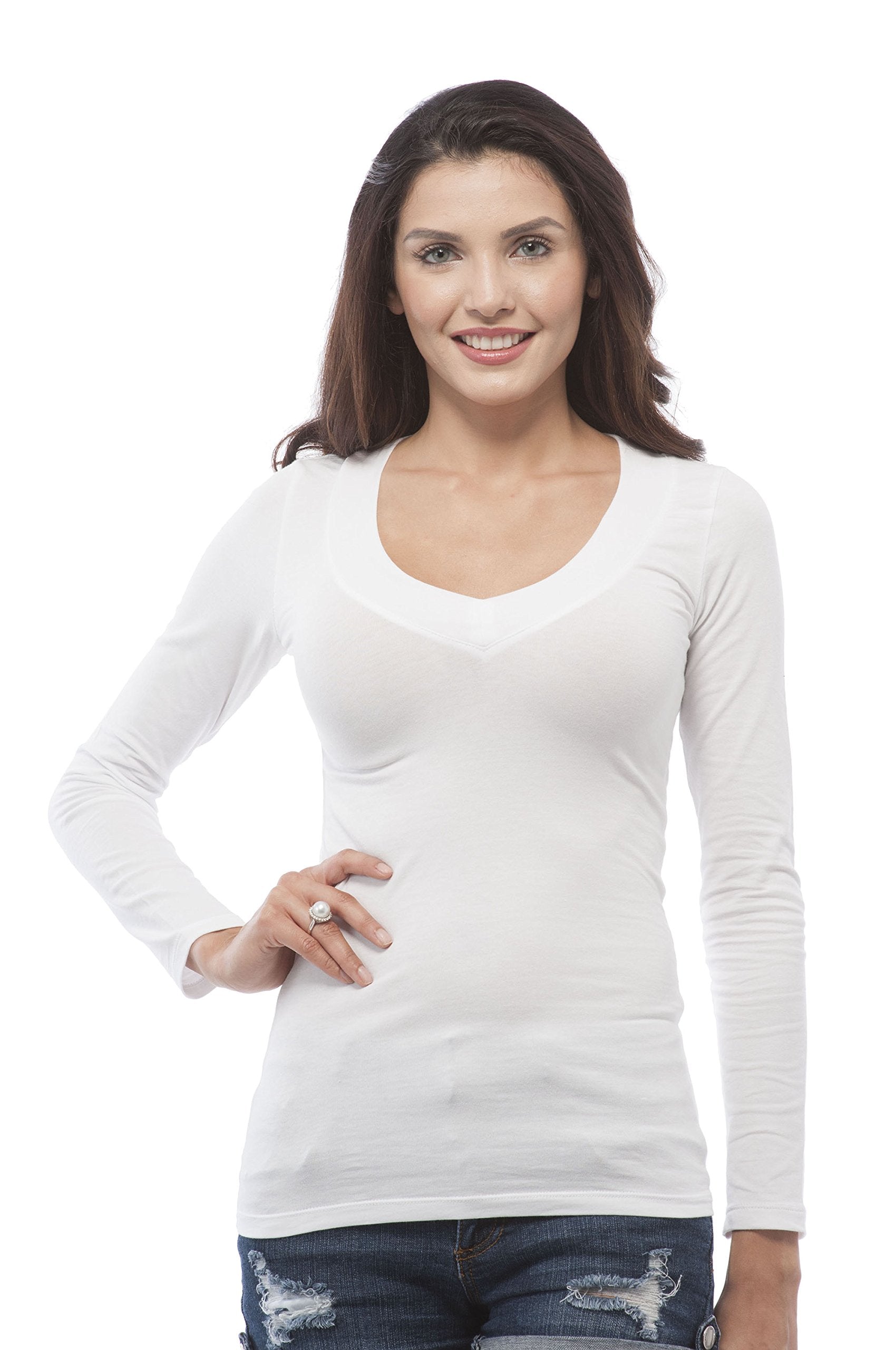 Khanomak Women's Basic Long Sleeve Deep V Neck Plus Size Shirt Top