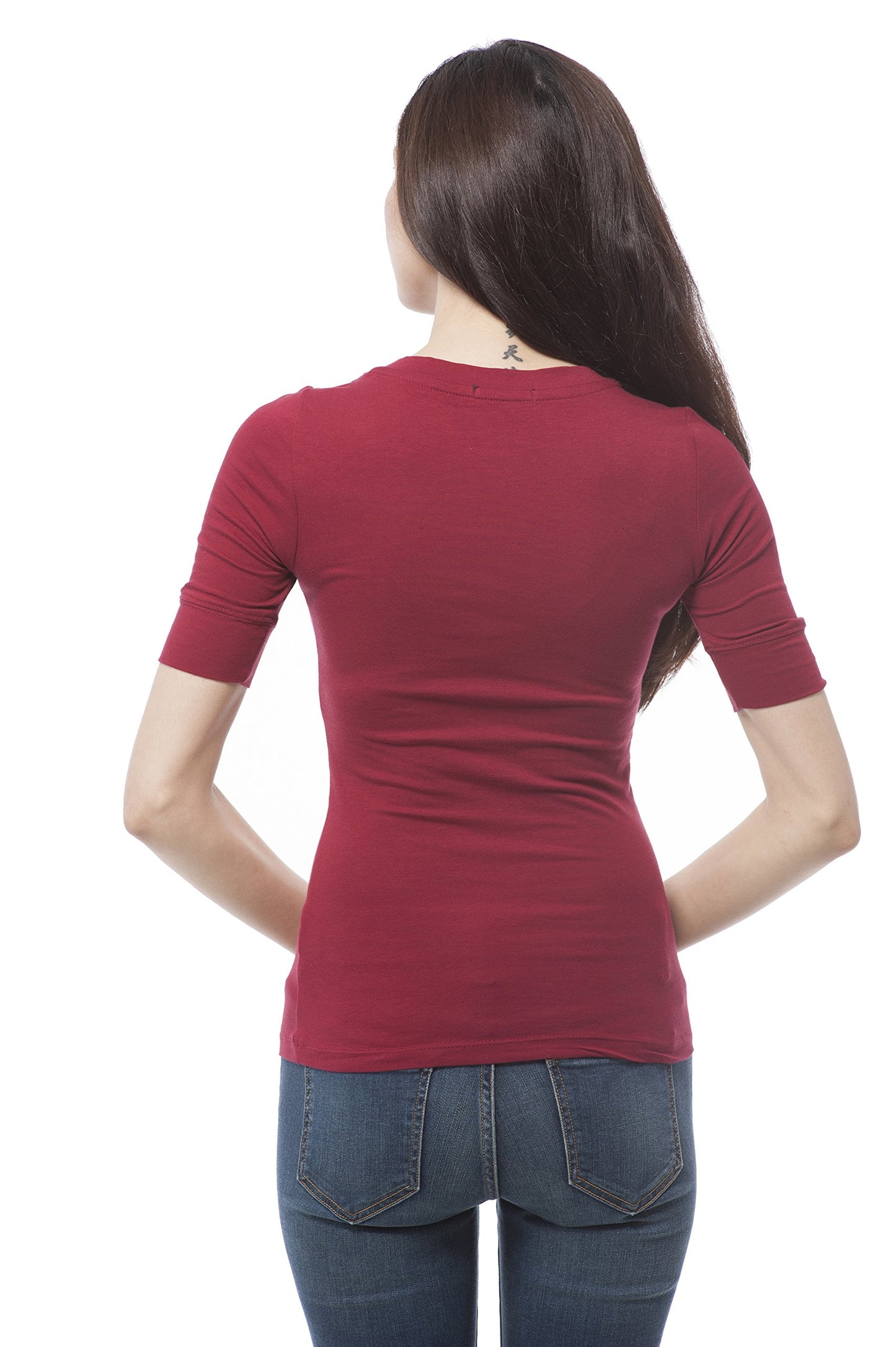 Hollywood Star Fashion Women's Plain Basic Elbow Length Sleeves V Neck Top Fitted Shirt