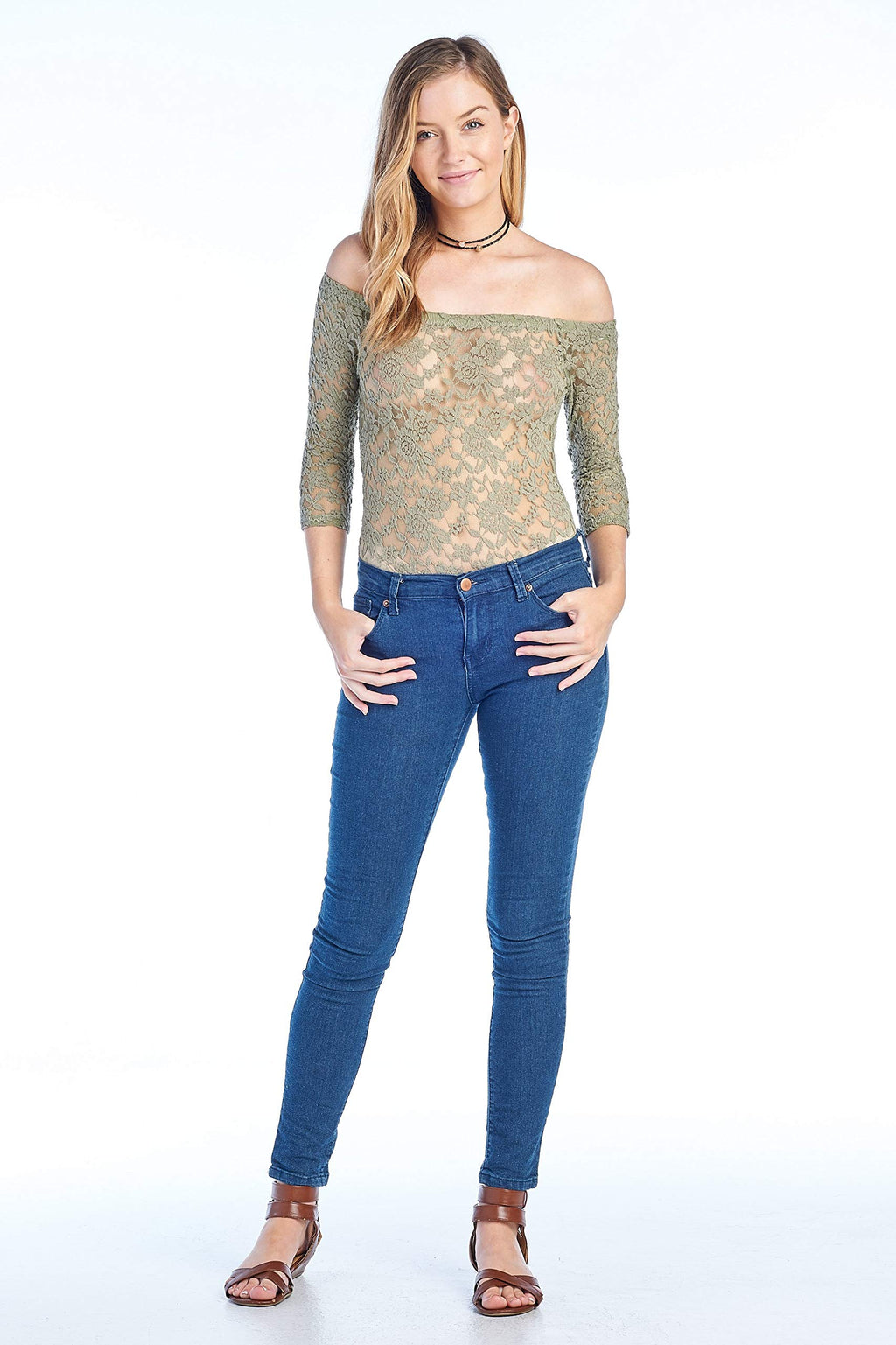 Women's 3/4 Sleeve Off Shoulder Unlined Sheer Allover Lace Bodysuit