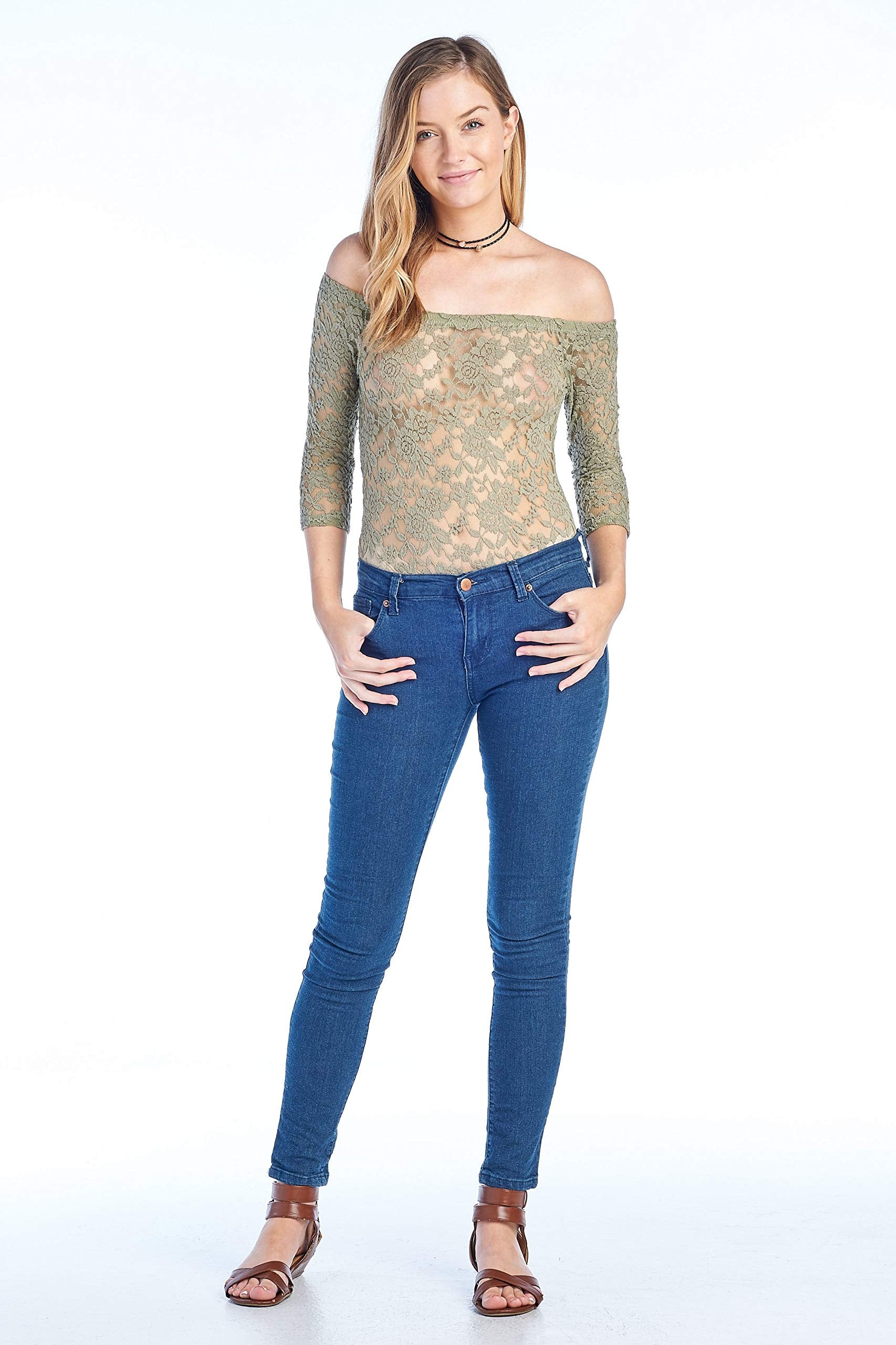 Women's 3/4 Sleeve Off Shoulder Unlined Sheer Allover Lace Bodysuit