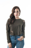 Long Sleeve Crew Neck Distressed French Terry Crop Top Sweater