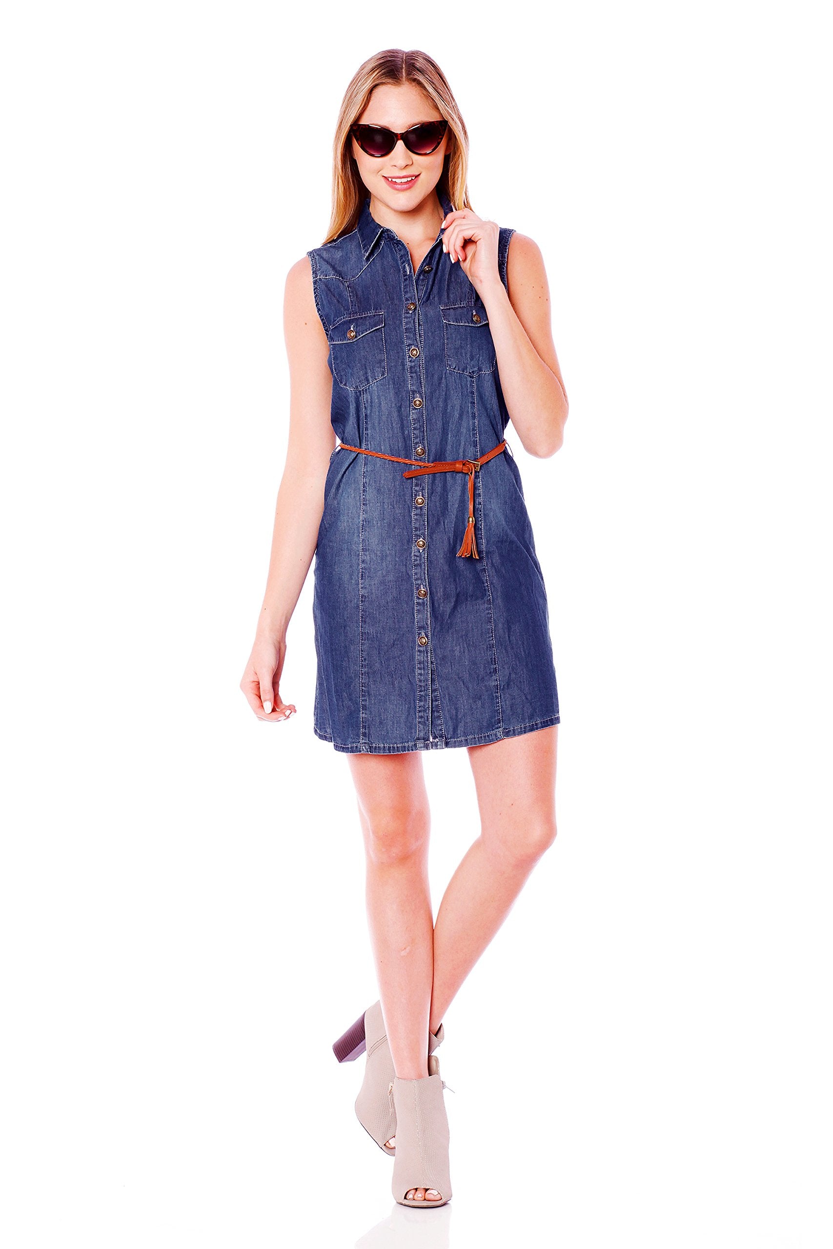 Khanomak Sleeveless Denim Shirt Dress with Belt