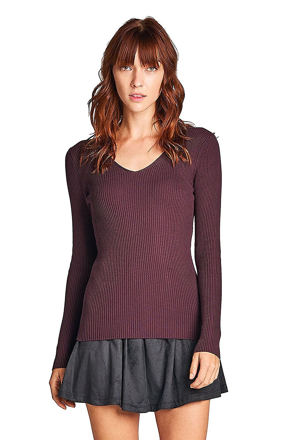 Khanomak Plain Solid Stretch Fitted Long Sleeve V Neck Ribbed Knit Lightweight Sweater Top