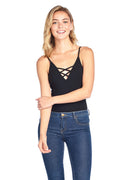 V Neck Crisscross Caged Front Spaghetti Strap Casual Bodysuit