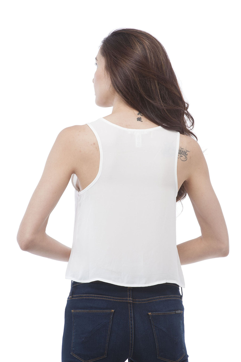 Hollywood Star Fashion Sleeveless Chiffon Crop Top WIT Metal Front Zipper