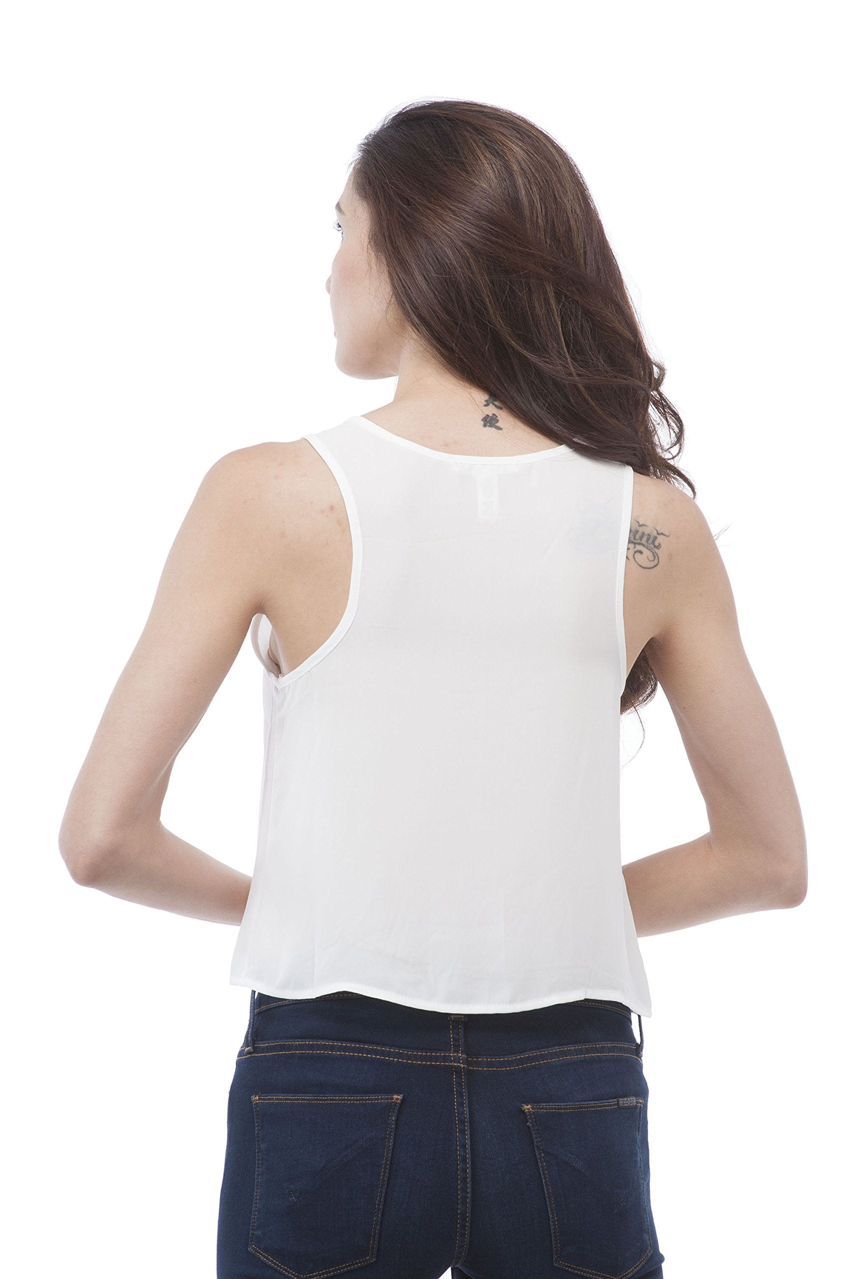 Hollywood Star Fashion Sleeveless Chiffon Crop Top WIT Metal Front Zipper