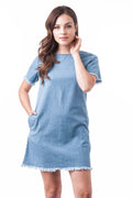 Short Sleeve Denim Frayed Cotton Scoop Neck Side Pockets Bodycon Dress