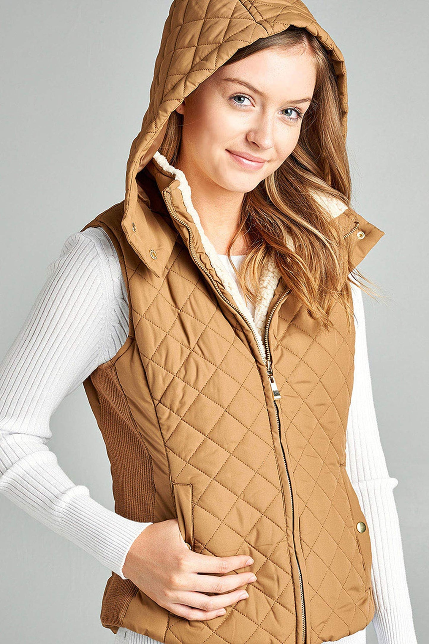 Khanomak Women's Shearling Lined Quilted Padding Hoodie Vest