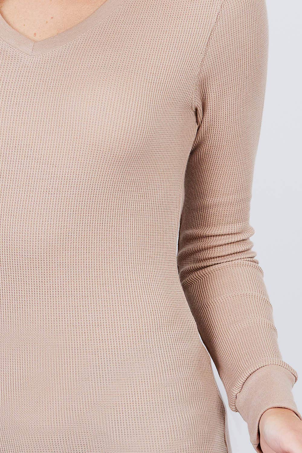 Cotton Blend Thermal V Neck Knit Top for Women Long Sleeves Khaki