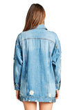 Denim Distressed Oversized Basic Collar Button Front Long Ripped Jacket