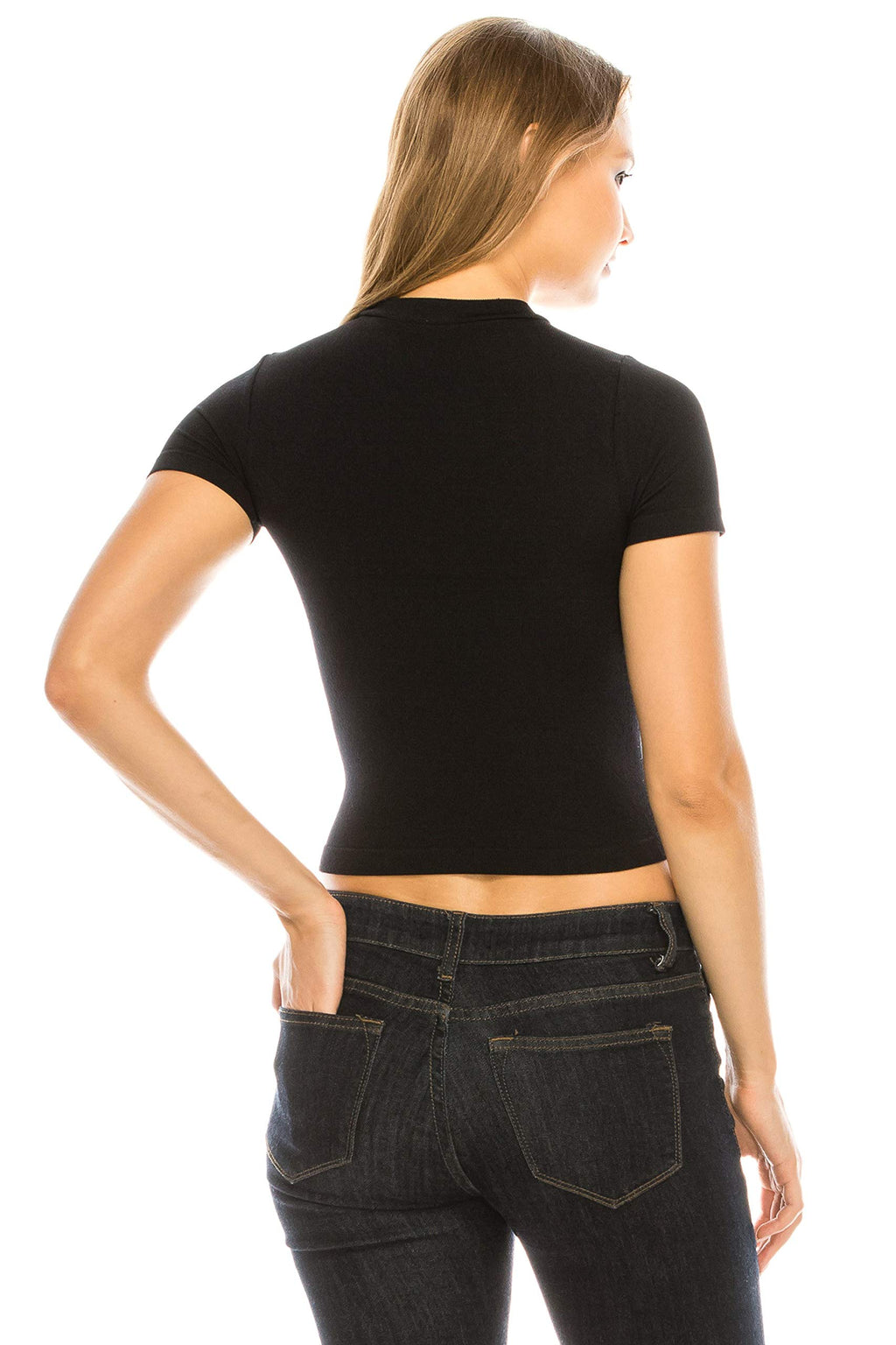 Women's Stretch Rib Basic High Neck Cropped Short Sleeve Shirt