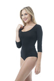 Khanomak Women's Scoop Neck 3/4 Sleeve Bodysuit (Medium, Black)