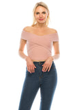 Women's Casual Cross Off Shoulder Deep V Neck Ribbed Knit Slim Wrap Short Sleeves Cross Over Crop Top