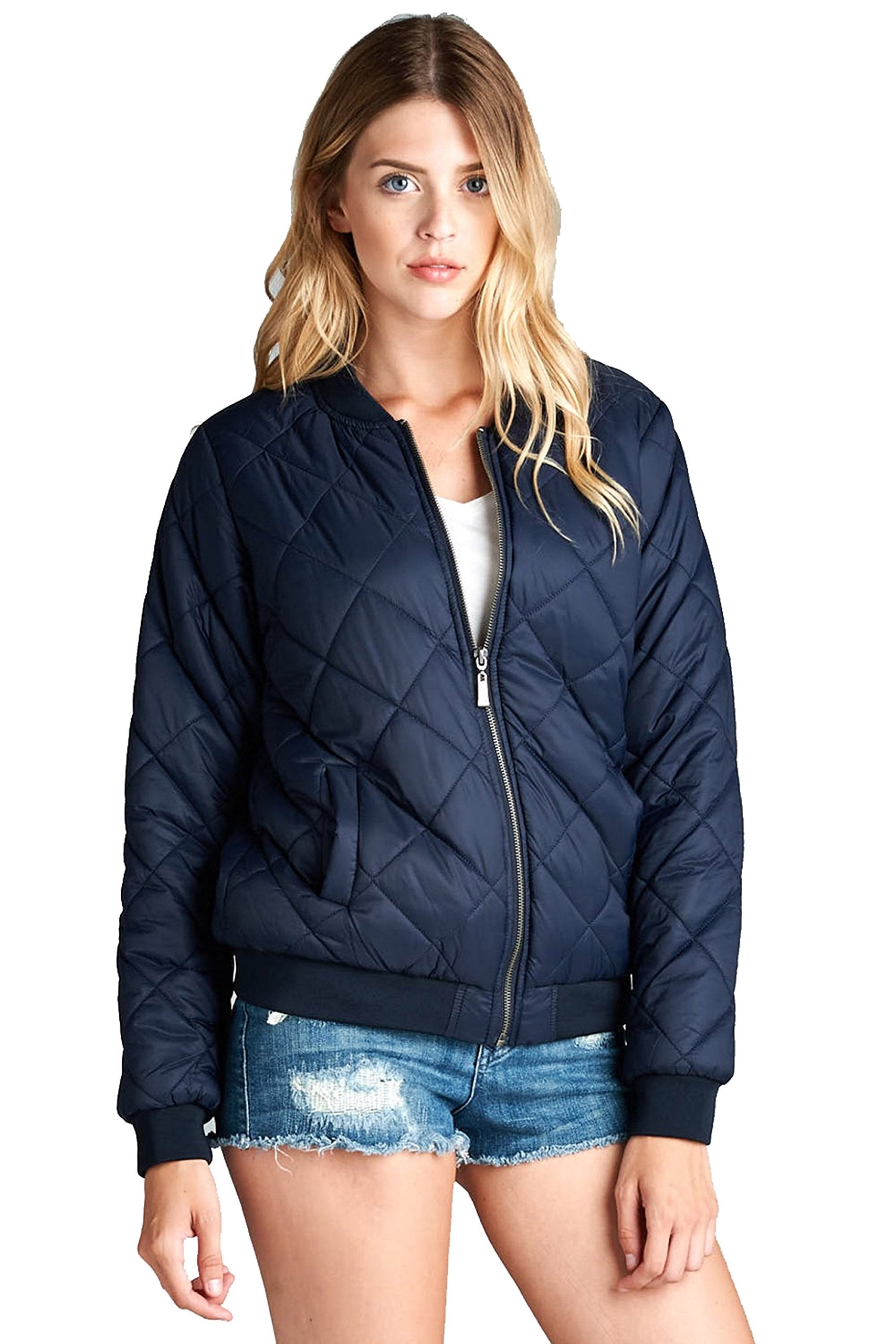 Khanomak Long Sleeve Zip Up Front Quilted Padded Stand Up Collar Ribbed Bomber Jacket